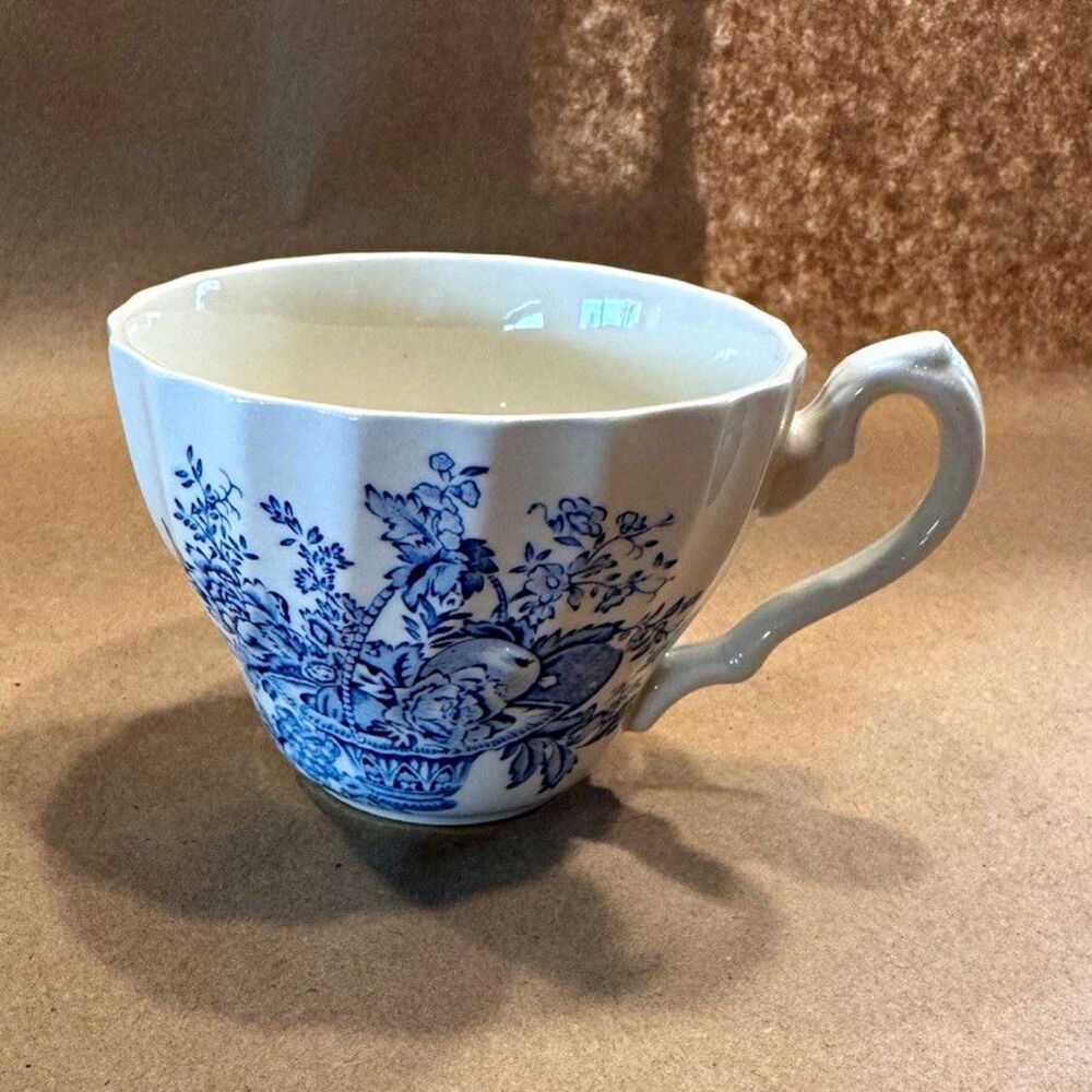 England Blue & White Floral Ceramic Tea Cup with Handle, Impressed Backstamp